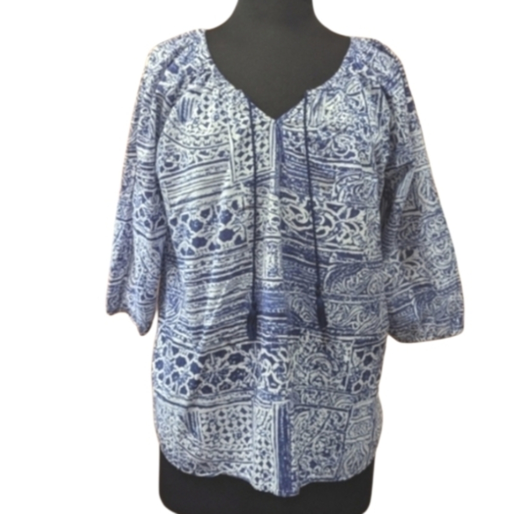 Anthropologie Hester & Orchard Medium Peasant Blouse Blue & White Print Top